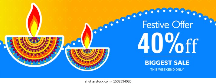 Diwali vector illustration with text of happy diwali and festival elements and traditional diya and background can be used for greetings , banners and header.