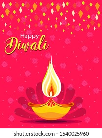 Diwali vector lamp creative pattern in pink background on lamp with text, poster, greeting card editable banner 