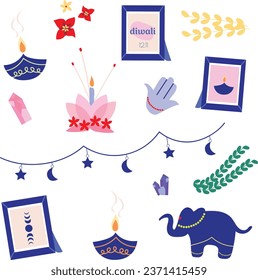 Conjunto de vectores Diwali. Velas, elefantes y adornos.