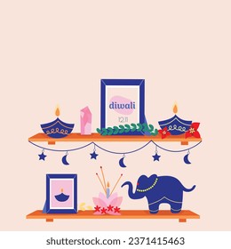 Diwali vector set. Candles, elephant and ornament.