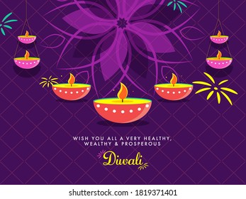 Diwali Wishing Card Design with Lit Oil Lamps (Diya) Decorated on Purple Rhombus Background.