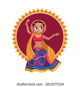 diwali woman cartoon with traditional cloth dancing on mandala design, Indian culture and hinduism theme Vector illustration