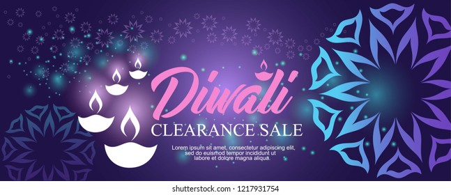 Diwali/Deepavali banner sale,with traditional ornament and diya ( India oil lamp),glowing background and abstract graphic