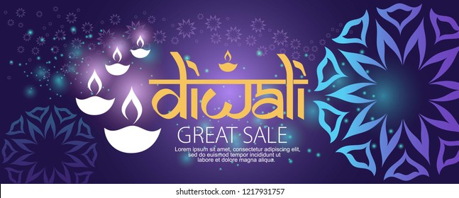 Diwali/Deepavali banner sale,with traditional ornament and diya ( India oil lamp),glowing background and abstract graphic