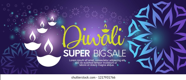 Diwali/Deepavali banner sale,with traditional ornament and diya ( India oil lamp),glowing background and abstract graphic