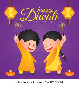 Diwali/Deepavali vector illustration and  Cute indian kids enjoying firecracker  hanging kandil   diya (india oil lamp) 
