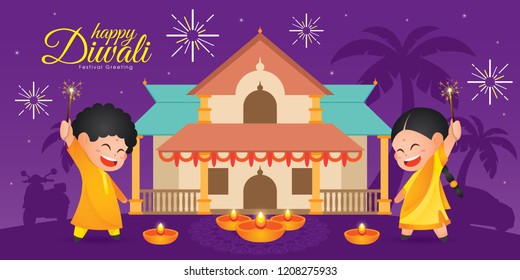 Diwali/Deepavali vector illustration and  Cute indian kids enjoying firecracker  indian house   diya (india oil lamp) 