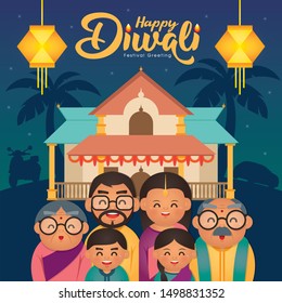 Diwali/Deepavali vector illustration with  Happy indian family celebrate the festival.