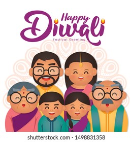 Diwali/Deepavali vector illustration with  Happy indian family celebrate the festival.