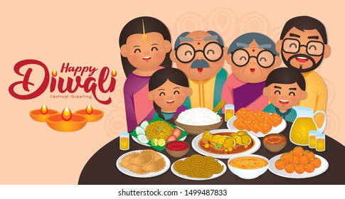 Diwali/Deepavali vector illustration with  Happy indian family enjoy the traditional festival foods/ meal (Murukku, Ladoo / Laddu, Curry, Curry Puff, Halwa and Rice)