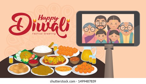 Diwali/Deepavali vector illustration with  Happy indian family enjoy the traditional festival foods/ meal (Murukku, Ladoo / Laddu, Curry, Curry Puff, Halwa and Rice)