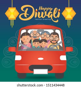 Diwali/Deepavali vector illustration with  Happy indian family riding car back home and celebrate the festival.