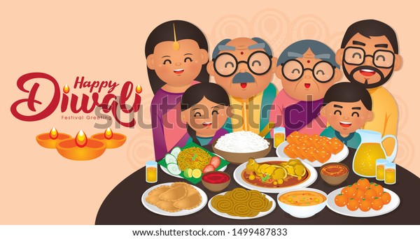 Diwali/Deepavali vector illustration with\
 Happy indian family enjoy the traditional festival foods/ meal\
(Murukku, Ladoo / Laddu, Curry, Curry Puff, Halwa and\
Rice)