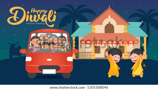 Diwali/Deepavali vector\
illustration with  Happy indian family riding car to home celebrate\
the festival.