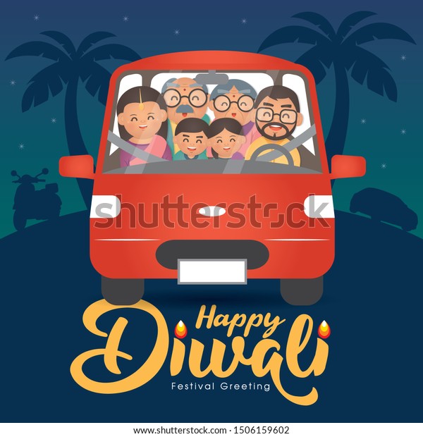 Diwali/Deepavali vector\
illustration with  Happy indian family riding car to home celebrate\
the festival.
