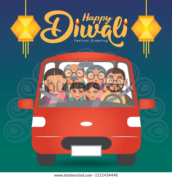 Diwali/Deepavali vector\
illustration with  Happy indian family riding car back home and\
celebrate the\
festival.