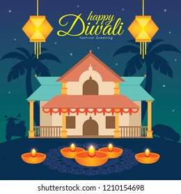 Diwali/Deepavali Vector Illustration With  Indian House, Hanging Kandil And Diya (india Oil Lamp) 