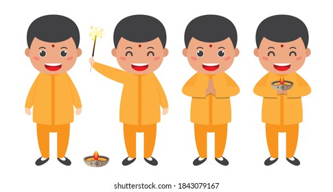 Diwali/Deepavali vector illustration with set of cute cartoon indian boy / male with different pose.