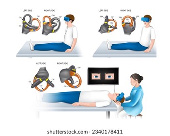 Dix-Hallpike test is a diagnostic maneuver from a group of rotational tests used to detect benign paroxysmal positional vertigo (BPPV) with glasses. vector realistic