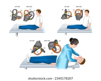 Dix-Hallpike test general is a diagnostic maneuver from a group of rotational tests used to detect benign paroxysmal positional vertigo (BPPV). vector realistic