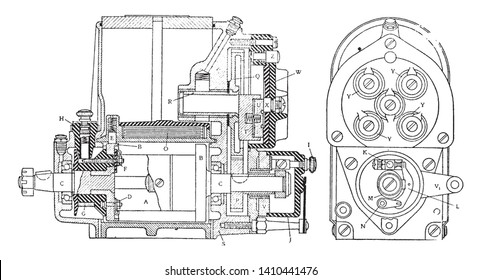 Dixie 4 Cylinder Magneto showing construction and connections, vintage line drawing or engraving illustration.