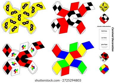 DIY 3D carnaval decoração conjunto A - dobrável rômbica caixa dodecaedro. Um conjunto profissional de 4 modelos de dodecaedro rômbico único dobrável para decorações de carnaval. Apresentando belas ilustrações de máscara veneziana e padrões de arlequim. Isso faz parte de uma série (Carnaval Set A e Set B). Cada arquivo contém 4 designs exclusivos com diferentes paletas de cores e padrões para oferecer variedade aos clientes. Este projeto de artesanato DIY é perfeito para decorações de festa, ornamentos de mesa festiva ou artesanato de geometria educacional. O arquivo vetorial inclui linhas de corte e flaps de cola para facilitar a montagem. Dicas de uso: Pode ser usado como uma peça central de mesa elegante, uma guirlanda de festa pendurada, ou mesmo como uma cobertura de luz LED de baixo calor decorativo para luzes de corda. Basta perfurar um pequeno buraco nos vértices para amarrá-los juntos. Fácil de personalizar: modelo limpo sem furos pré-perfurados, permitindo-lhe escolher o seu próprio método de amarração para guirlandas ou luzes LED. Nota de segurança importante: para sua segurança, use APENAS velas LED operadas por bateria ou luzes de corda de LED dentro desses ornamentos de papel. Não use velas reais ou chamas abertas, pois o papel é inflamável.