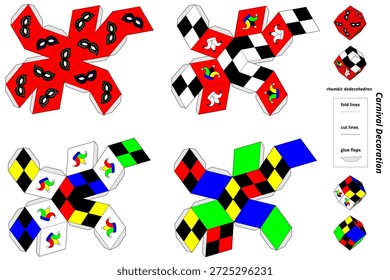 DIY 3D carnaval decoração conjunto B - dobrável rômbico Dodecaedro caixa. Um conjunto profissional de 4 modelos dobráveis de dodecaedro rômbico de 12 lados para a estação de Carnaval e Mascarada. Apresentando belas ilustrações de máscara veneziana, motivos de chapéu de palhaço e padrões de arlequim. Isso faz parte de uma série (Carnaval Set A e Set B). Cada arquivo contém 4 designs exclusivos com diferentes paletas de cores e padrões para oferecer variedade aos clientes. Este projeto de artesanato DIY é perfeito para decorações de festa, ornamentos de mesa festiva ou artesanato de geometria educacional. O arquivo vetorial inclui linhas de corte e flaps de cola para facilitar a montagem. Dicas de uso: Pode ser usado como uma peça central de mesa elegante, uma guirlanda de festa pendurada, ou mesmo como uma cobertura de luz LED decorativa para luzes de corda. Basta perfurar um pequeno buraco nos vértices para amarrá-los juntos. Fácil de personalizar: modelo limpo sem furos pré-perfurados, permitindo-lhe escolher o seu próprio método de amarração para guirlandas ou luzes LED. Notas importantes de segurança: use apenas com luzes LED de baixo calor. Não utilizar com lâmpadas incandescentes. Não use velas reais ou chamas abertas, pois o papel é inflamável.