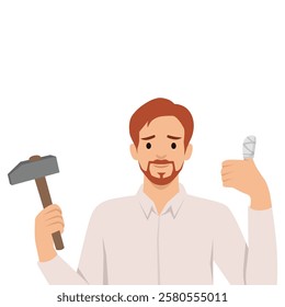 DIY Accident. Man holding hammer and showing a bandaged thumb, injury from working with tools. Flat vector illustration isolated on white background