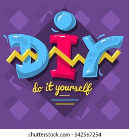 DIY Acronym. Do It Yourself. 90s Vibrant Colors Aesthetic Type Label Design.  Vector Graphic. 