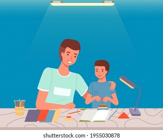 DIY activity for father and son. Dad and kid spend quality time together. Creative family pastime