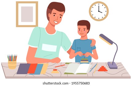 Actividad DIY para padre e hijo. Papá y el niño pasan tiempo de calidad juntos. Pasatiempo familiar creativo
