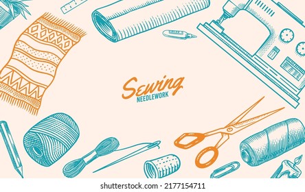 DIY Background. Hardware Shop concept. Glue, wood planks, sewing machine. Tools or instruments for home renovation. Banner poster template. Do it yourself. Engraved doodle vintage sketch hand drawn. 