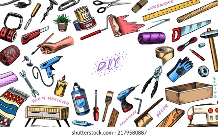 DIY Background. Hardware Shop concept. Glue, wood planks, sewing machine. Tools or instruments for home renovation. Banner poster template. Do it yourself. Engraved doodle vintage sketch hand drawn. 