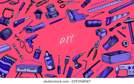 DIY Background. Hardware Shop concept. Glue, wood planks, sewing machine. Tools or instruments for home renovation. Banner poster template. Do it yourself. Engraved doodle vintage sketch hand drawn. 