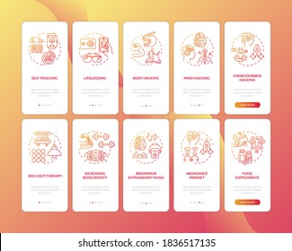 DIY biology onboarding mobile app page screen with concepts set. Biohacking, nutrigenomics walkthrough five steps graphic instructions. UI vector template with RGB color illustrations