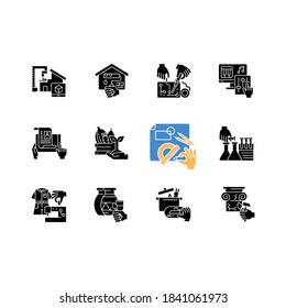 DIY black glyph icons set on white space. 3D building model. House renovation. Hobby electrical project. Professional restoration service. Cook food. Silhouette symbols. Vector isolated illustration