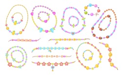 Diy Bracelets. Plastic Bead Cartoon Bracelet, Kid Jewelry Accessories Friendship Wristband Children Handmad Necklace With Symbol Heart On String Or Thread, Neat Vector Illustration