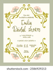 DIY Bridal Shower invite. Vintage Bachelorette party invitation template. Vector.