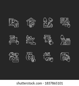 DIY chalk white icons set on black background. 3D building model. House renovation. Hobby electrical project. Professional restoration service. Cook food. Isolated vector chalkboard illustrations