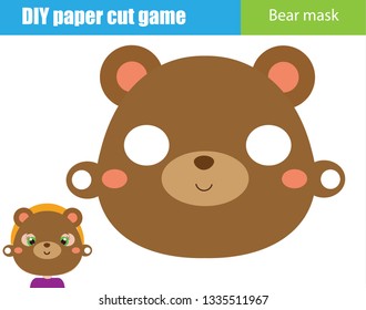 DIY children educational creative game. Make an animal party mask with scissors. Bear face paper mask for kids printable sheet