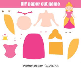 DIY children educational creative game. Make a princess girl in pink dress with scissors and glue. Paprecut activity. Creative printable tutorial or kids.