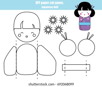 DIY children educational creative game. Make a japanese kokeshi doll with scissors and glue. Printable paprecut activity