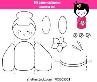 DIY children educational creative game. Make a japanese kokeshi doll with scissors and glue. Printable paprecut activity