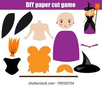 DIY Children Educational Creative Game. Make Halloween Witch Girl With Scissors And Glue. Printable Paprecut Activity