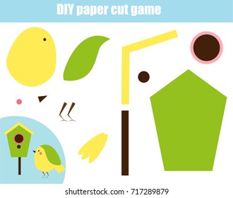DIY children educational creative game. Make a a bird and birdhouse with scissors and glue. Paprecut activity. Creative printable tutorial or kids. Animals theme