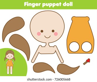 DIY children educational creative game. Make a finger puppet doll with scissors and glue. Paprecut activity. Creative printable tutorial for kids