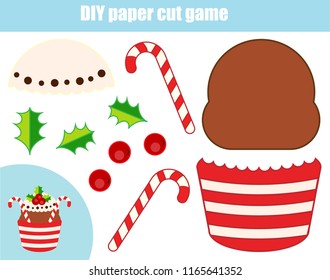 DIY children educational creative tutorial game. Paper cutting activity. Make a New Year, Christmas cupcake with glue and scissors