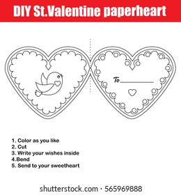 DIY Children Educational Game. Do It Yourself Handmade Creative Tutorial For Kids. Make A St Valentine Day Greeting Card. Printable Sheet With Instruction And Details. Coloring Page