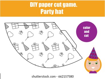 DIY children educational game. Do it yourself handmade creative tutorial for kids. Make a party hat. Printable Sheet with instruction and details. Coloring page