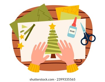 DIY christmas tree paper craft. Top view on table with little hands making application of christmas tree cartoon vector illustration. Paper Christmas Tree cartoon vector illustration